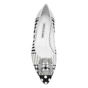 Manolo Blahnik Hangisi Flat Black Patches Jewel Buckle Classic Ballet  37.5